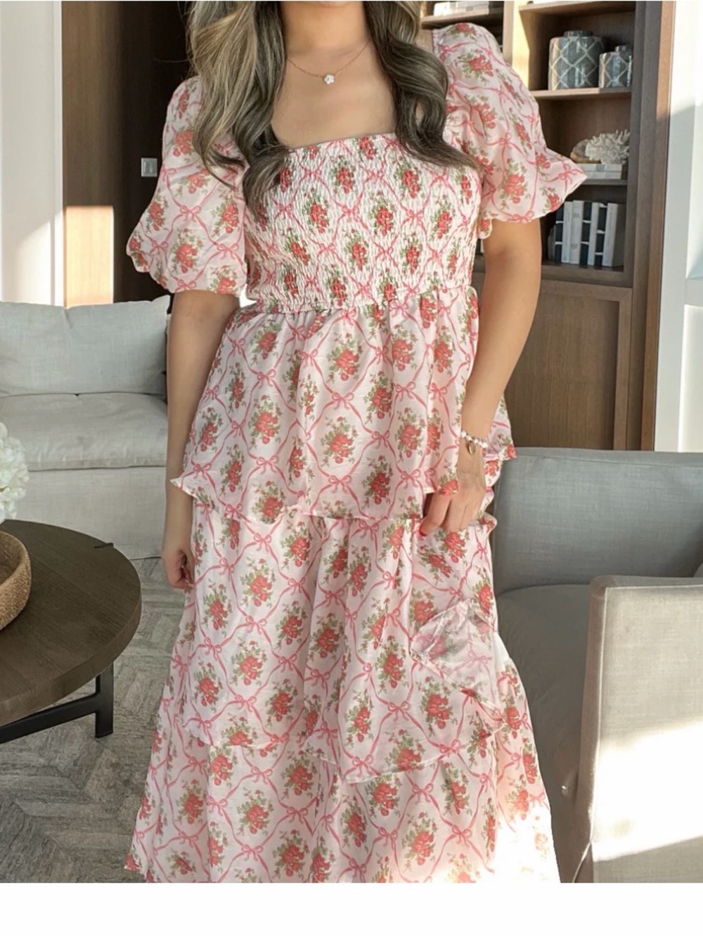 Pink Floral Smocked Puff Sleeve Maxi Dress